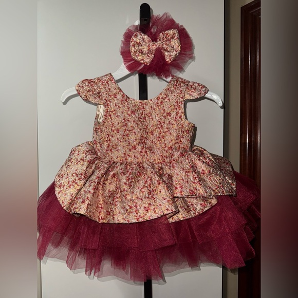 Other - Floral Burgundy Kids formal Dress with Hairclip